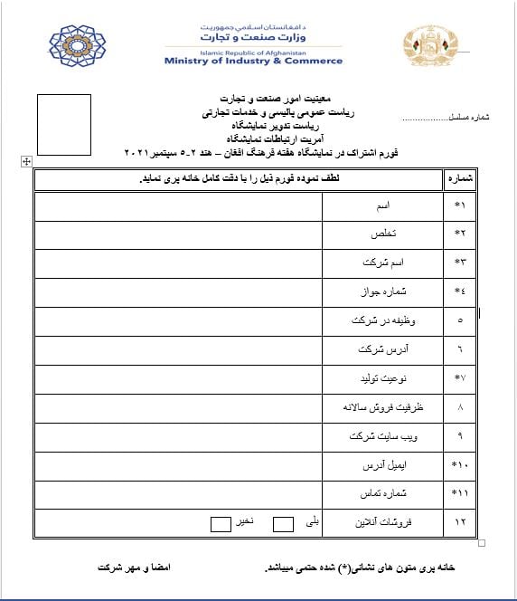 اطلاعیه وزارت صنعت و تجارت در خصوص برگزاری هفته فرهنگ افغان – هند 2-5 سپتمبر 2021.